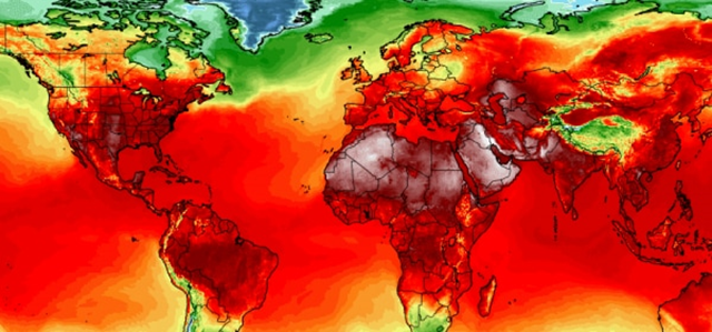 Simulation of maximum temperatures on 3 July 2018 from American (GFS) weather model at two meters above the ground. Graphic: University of Maine Climate Reanalyzer