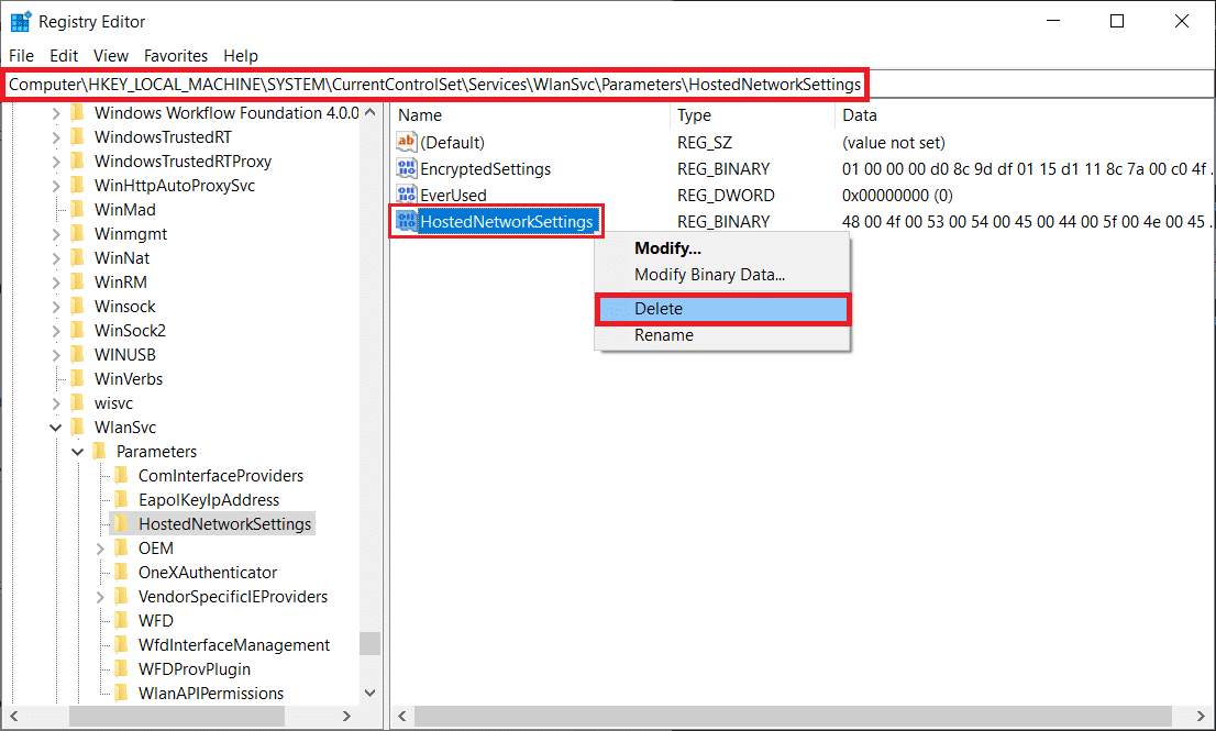 Sélectionnez la valeur HostedNetworkSettings et appuyez sur la touche Suppr de votre clavier