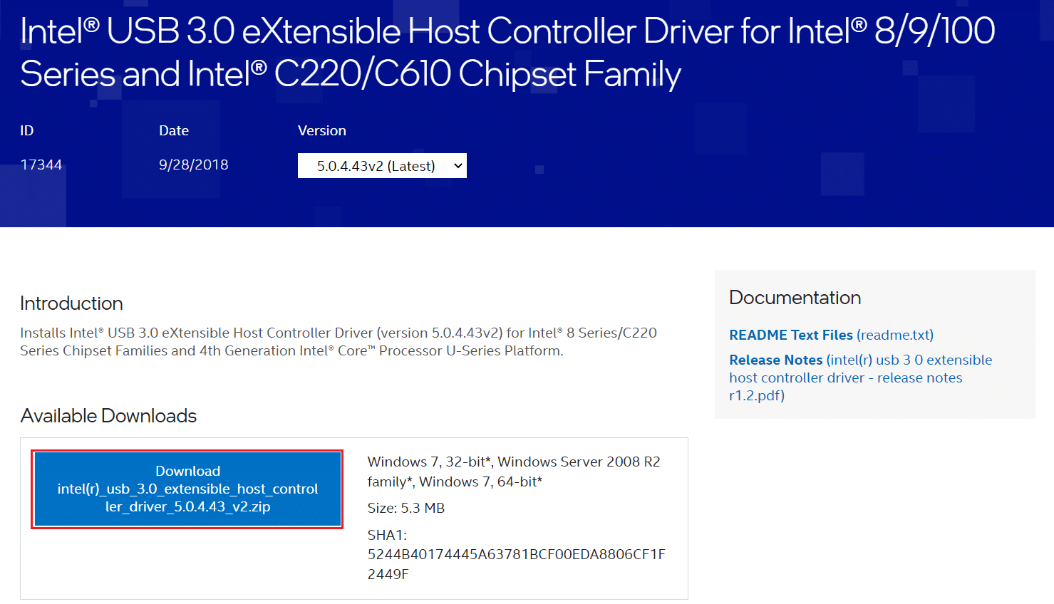 Página de descarga oficial del controlador de host extensible Intel USB 3.9