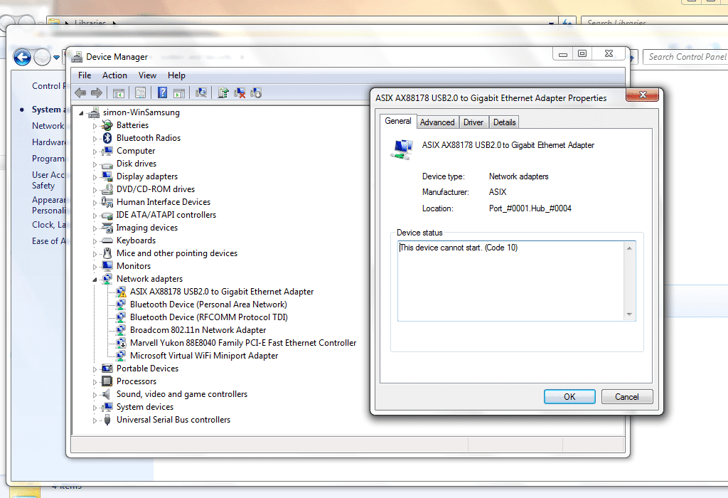 Error del adaptador ethernet del administrador de dispositivos