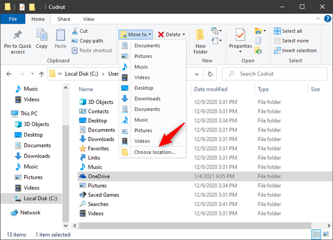 เลือก เลือกตำแหน่งใน File Explorer