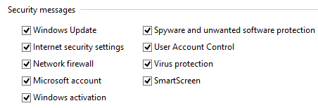 Centre d'action, Windows 8, Messages, Paramètres, Vérifications, Windows 8.1