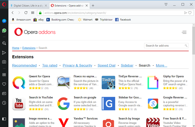 Поисковые системы доступны в качестве надстроек Opera