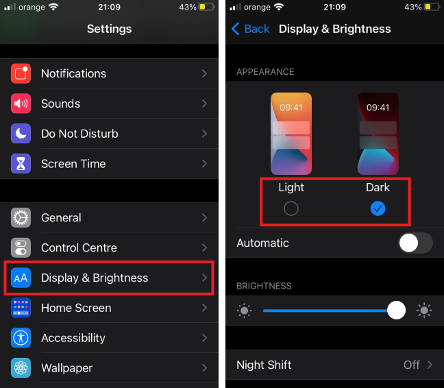 Dark Mode มีอยู่ในเมนู Display & Brightness