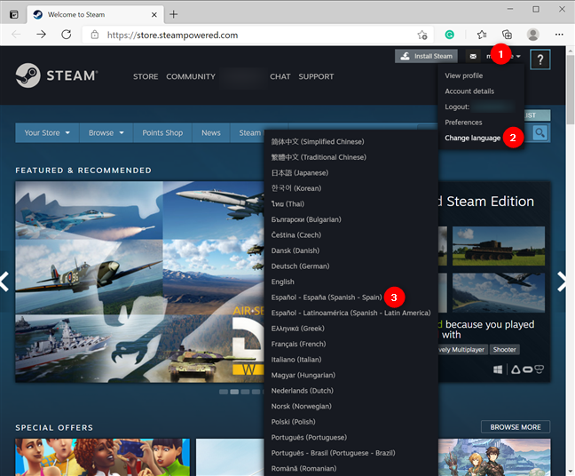 กระบวนการเปลี่ยนภาษา Steam เมื่อคุณเข้าสู่ระบบ