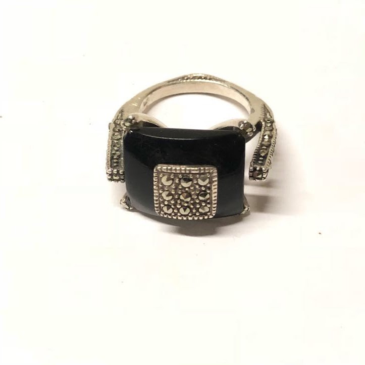 Sterling Silver, Onyx, and Marcasite Ring