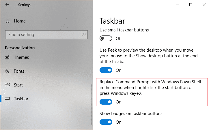 Habilite Reemplazar símbolo del sistema con Windows PowerShell en el menú cuando haga clic con el botón derecho en el botón de inicio o presione la tecla de Windows + X