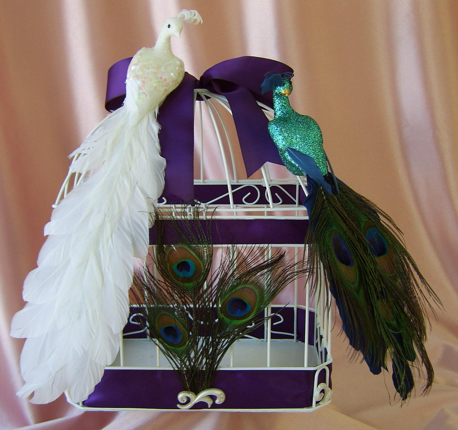 Peacock Feather Wedding : Birdcage Peacock Card Box, Deep Purple Wedding