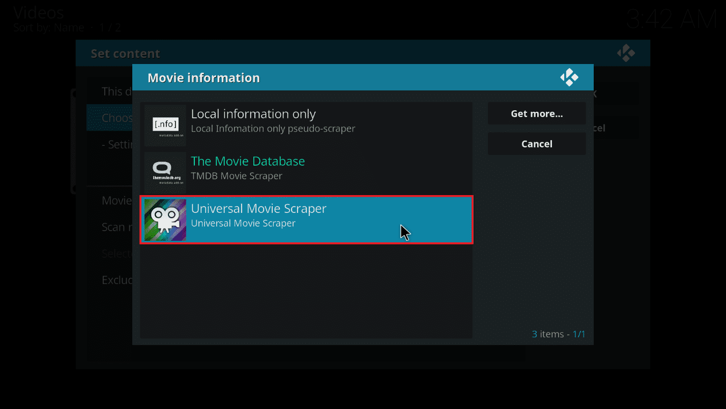 목록에서 Universal Movie Scraper를 선택하십시오.