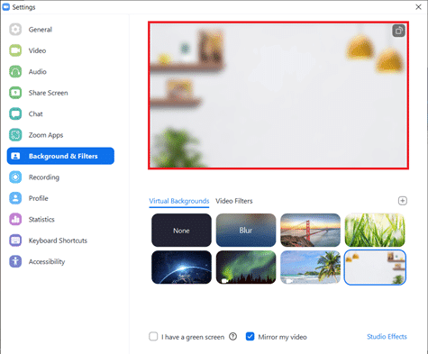 achtergrond en filters.  Achtergrond vervagen in zoom op Windows 10