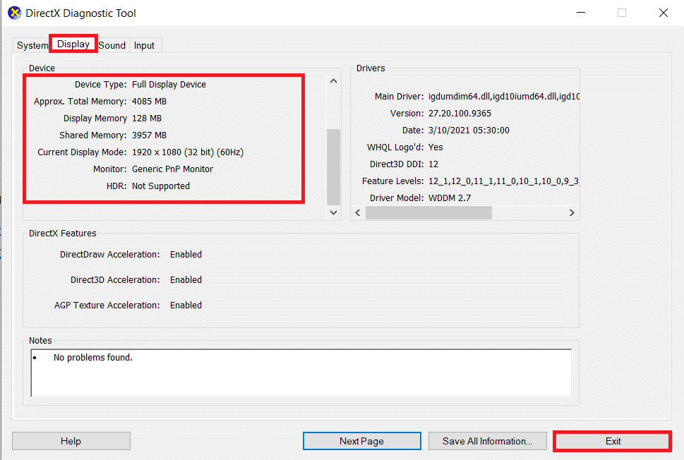 Se abre la ventana de la herramienta de diagnóstico de DirectX.  Vaya a la pestaña Pantalla.  Haga clic en Salir |  ¿Cuánta VRAM tengo en Windows 10?