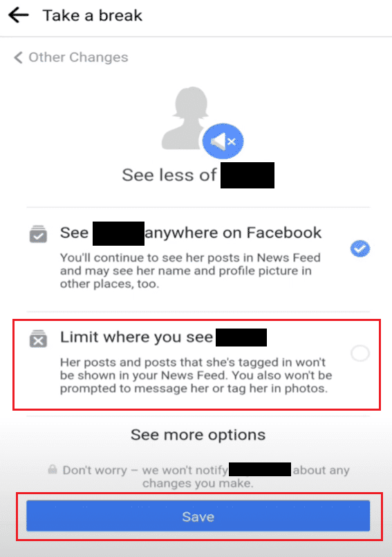 Limitez où vous voyez le nom de l'option de personne.  Comment faire une pause avec quelqu'un sur Facebook