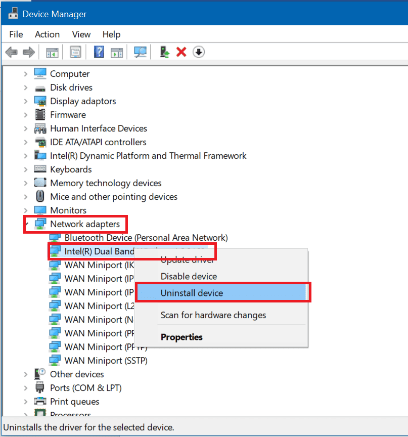 Haga clic derecho en el nombre del adaptador y haga clic en Desinstalar dispositivo