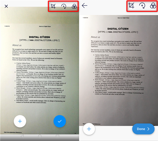 Pulsanti dell'app OneDrive per ritagliare, ruotare e selezionare il filtro