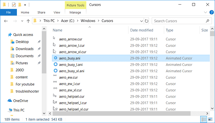 将下载的指针文件提取到 Windows 内的 Cursors 文件夹