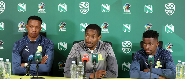 Head coach of Mamelodi Sundowns coach Rulani Mokowena flanked by defenders Grant Kekana and Terrence Mashego ahead of their Nedbank Cup semifinal clash against Stellenbosch on Sunday.