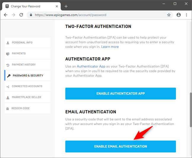 Choisir d'activer l'authentification à deux facteurs par e-mail