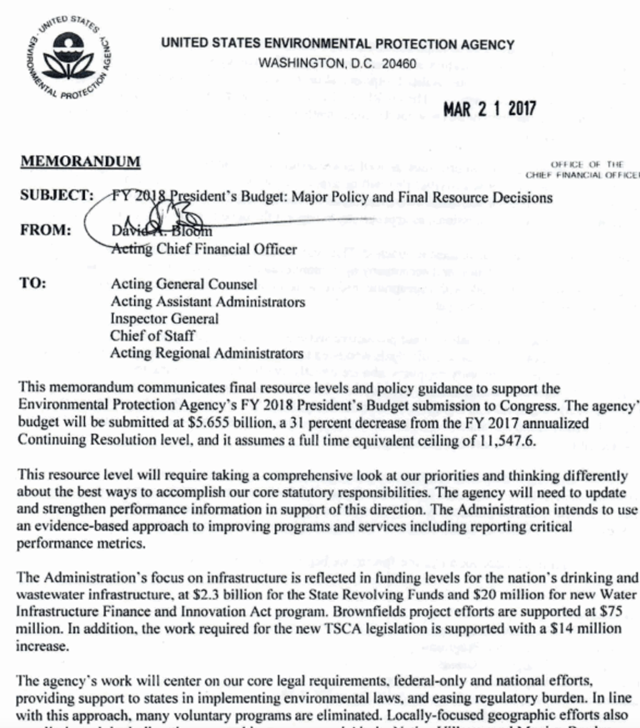 The first page of Environmental Protection Agency's spending cut plan. The EPA has issued a new, more detailed plan for laying off 25 percent of its employees and scrapping 56 programs including pesticide safety, water runoff control, and environmental cooperation with Mexico and Canada under the North American Free Trade Agreement. New EPA documents reveal even deeper proposed cuts to staff and programs. Graphic: EPA / The Washington Post