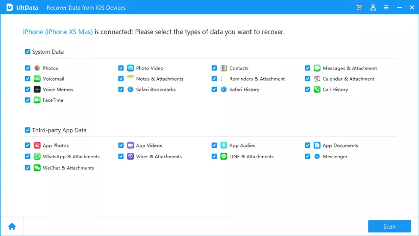 UltDataを開き、iPhoneをラップトップに接続して、[スキャンの開始]をクリックします