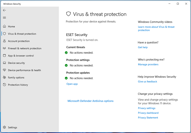 Seguridad de Windows compartiendo el estado de ESET Security