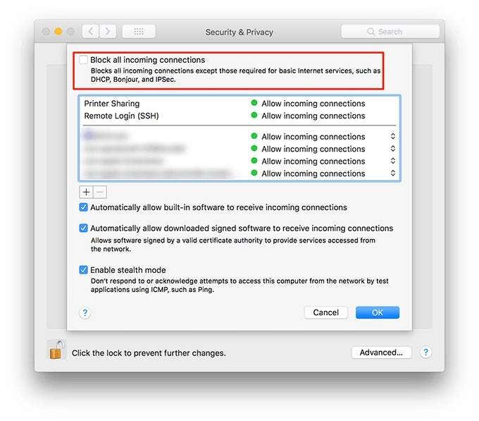 Блокировать все входящие соединения в разделе «Безопасность и конфиденциальность»