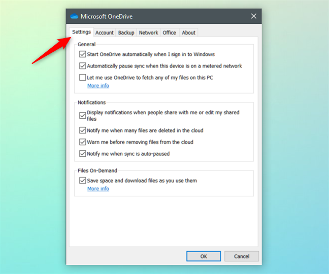 La pestaña Configuración de Microsoft OneDrive