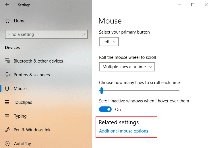 Sélectionnez Souris dans le menu de gauche, puis cliquez sur Options de souris supplémentaires