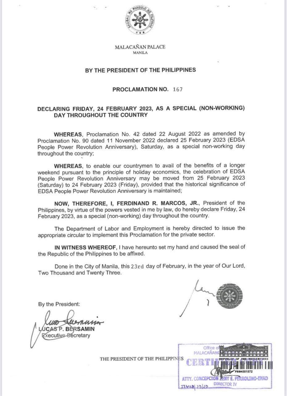 Malacañang declares February 24, 2023 as special nonworking holiday