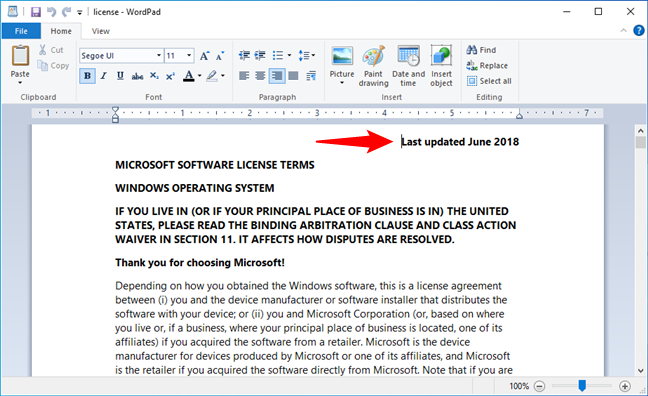 license.rtf montrant que vous avez Windows 10