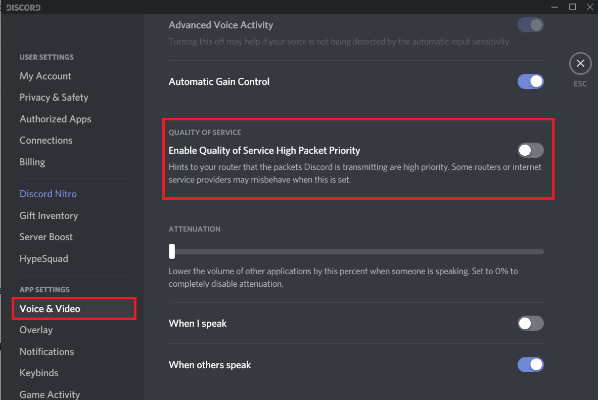 Vypněte volbu 'Povolit kvalitu služeb s vysokou prioritou paketů' |  Fix No Route Error on Discord