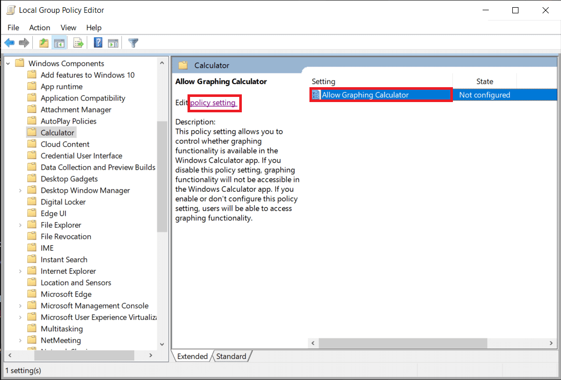 Cliquez sur l'entrée Autoriser la calculatrice graphique dans le volet de droite, puis cliquez sur l'option de paramètre de stratégie au-dessus de la description.