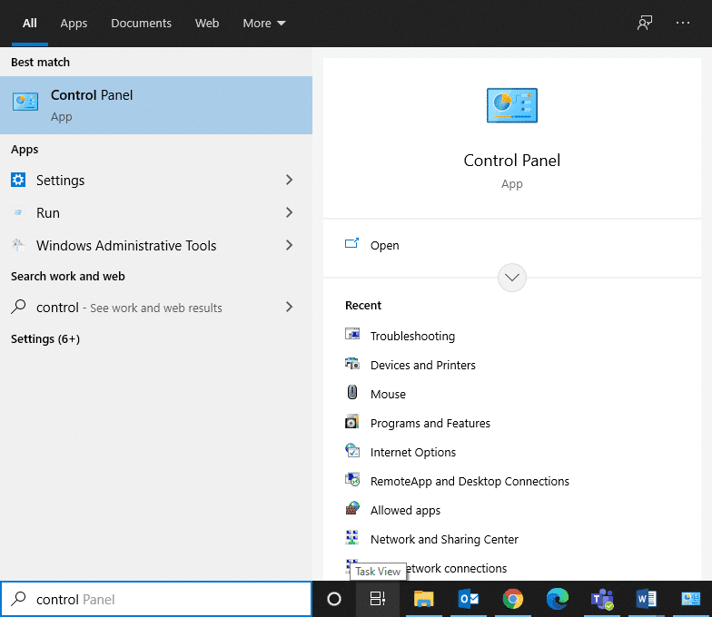 Appuyez sur la touche Windows et tapez Panneau de configuration dans la barre de recherche.