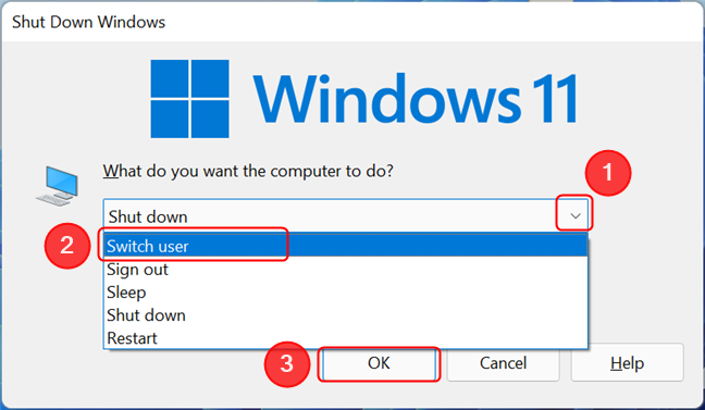 Cambie de usuario usando el menú Cerrar Windows