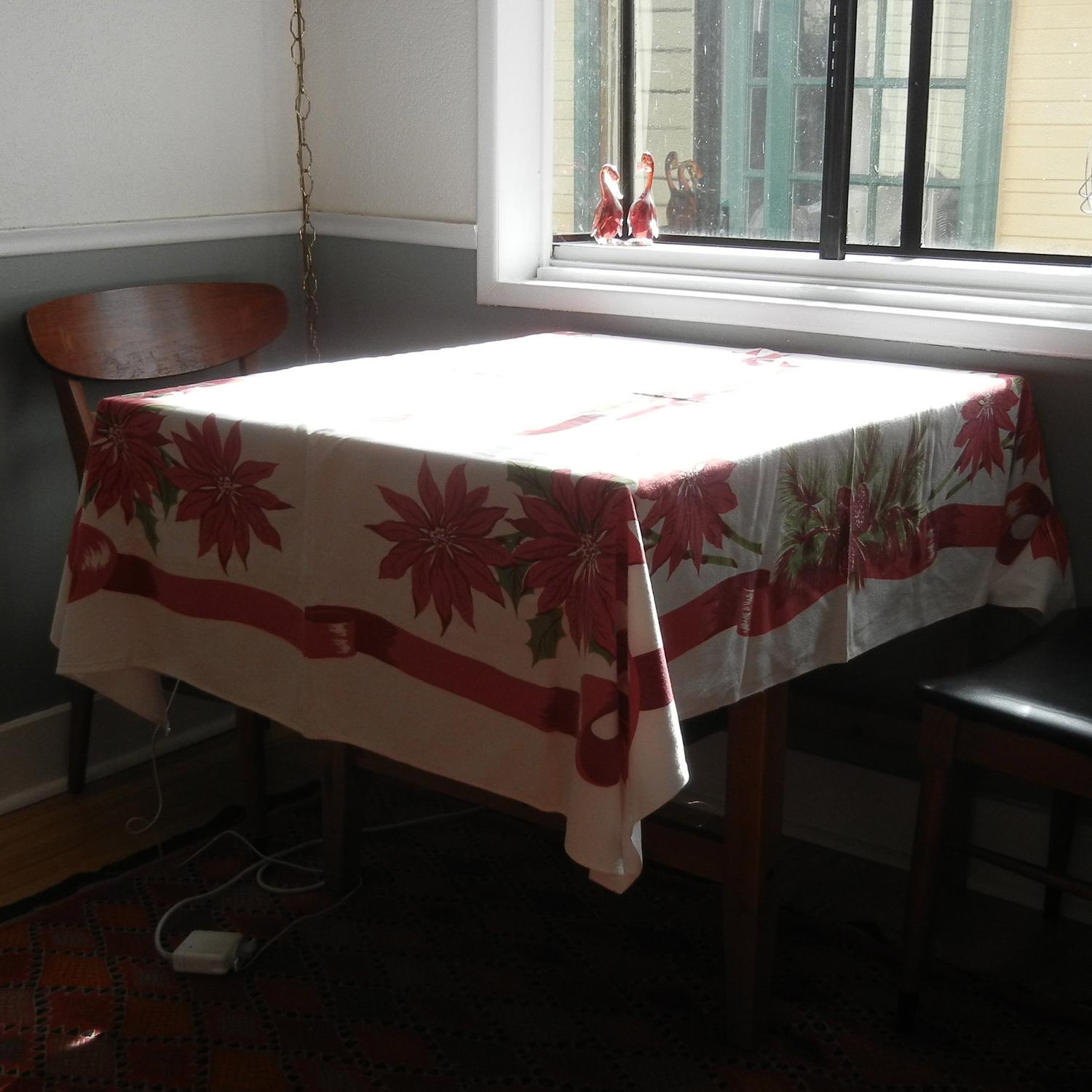 Vintage Christmas Table Cloth, Red Poinsettias 63 X 52