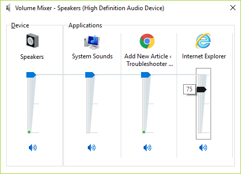 Zorg ervoor dat in het deelvenster Volume Mixer het volumeniveau dat bij Internet Explorer hoort, niet is uitgeschakeld