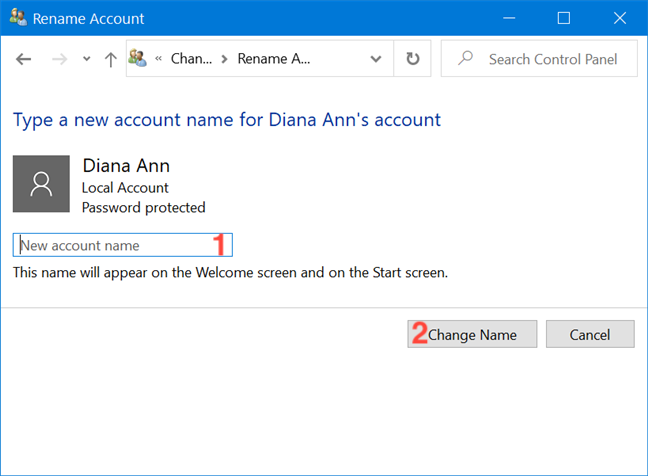 Выберите новое имя учетной записи и нажмите «Изменить имя».
