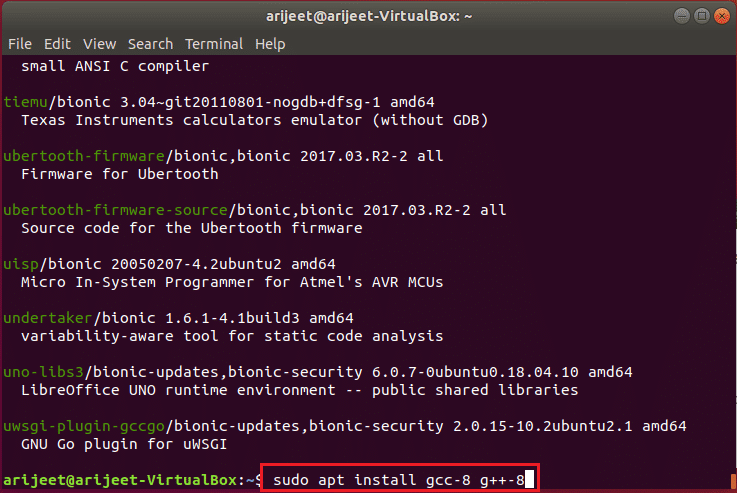 รันคำสั่งเพื่อติดตั้ง gcc เวอร์ชัน 8 ในเทอร์มินัล ubuntu linux  วิธีการติดตั้ง GCC บน Ubuntu