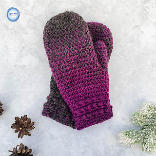 purple and gray mittens on white background