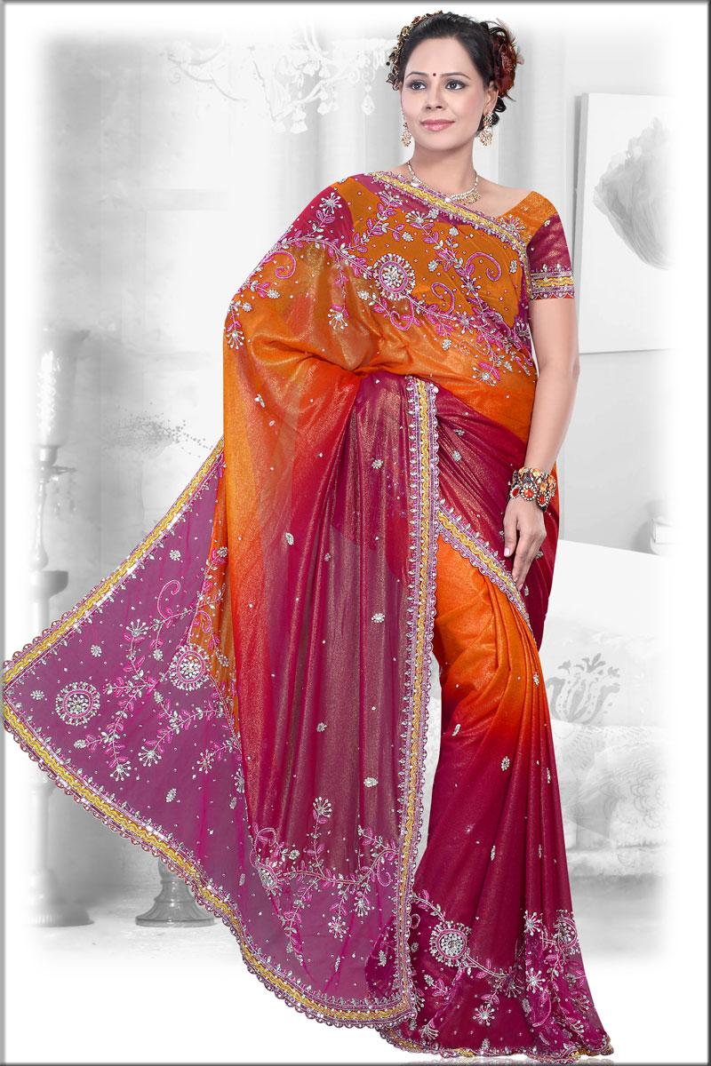 Orange and Hot Pink Shimmer Georgette Embroidered Saree   265.00