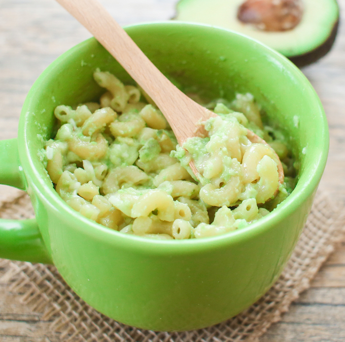 overhead photo of Avocado Macaroni and Cheese in a Mug