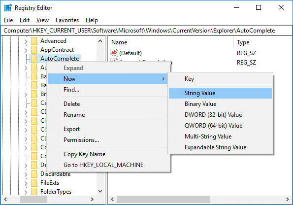 Haga clic derecho en Autocompletar y luego seleccione Nuevo valor de cadena