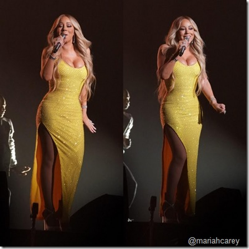 Mariah Carey atordoa em um vestido amarelo decotado