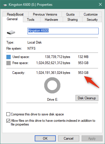 Las propiedades de Windows 10 del SSD Kingston KC600