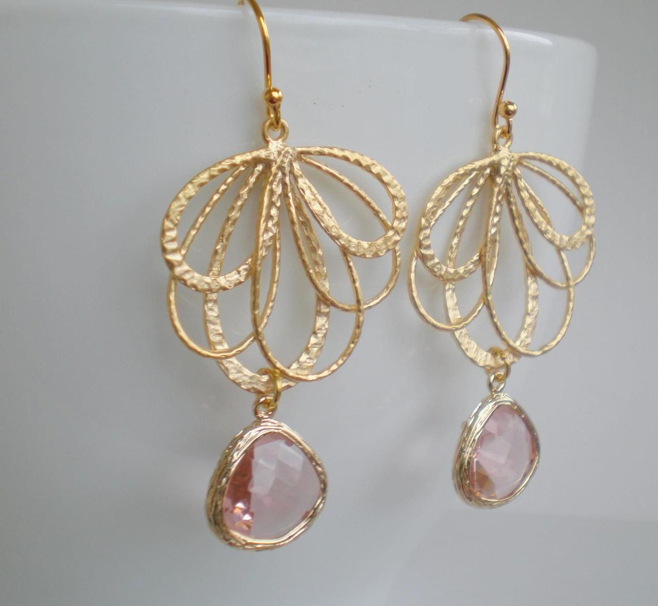 Gold Feather Fan with Peach-Pink Stone Earrings. From DanaCastle