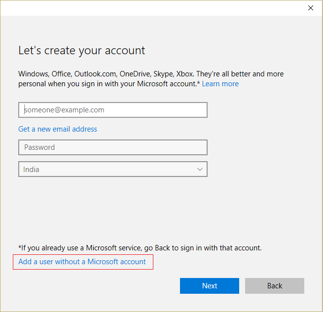 Выберите Добавить пользователя без учетной записи Microsoft.