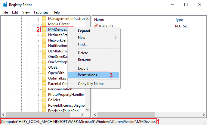 MMDevicesを右クリックし、[権限]を選択します