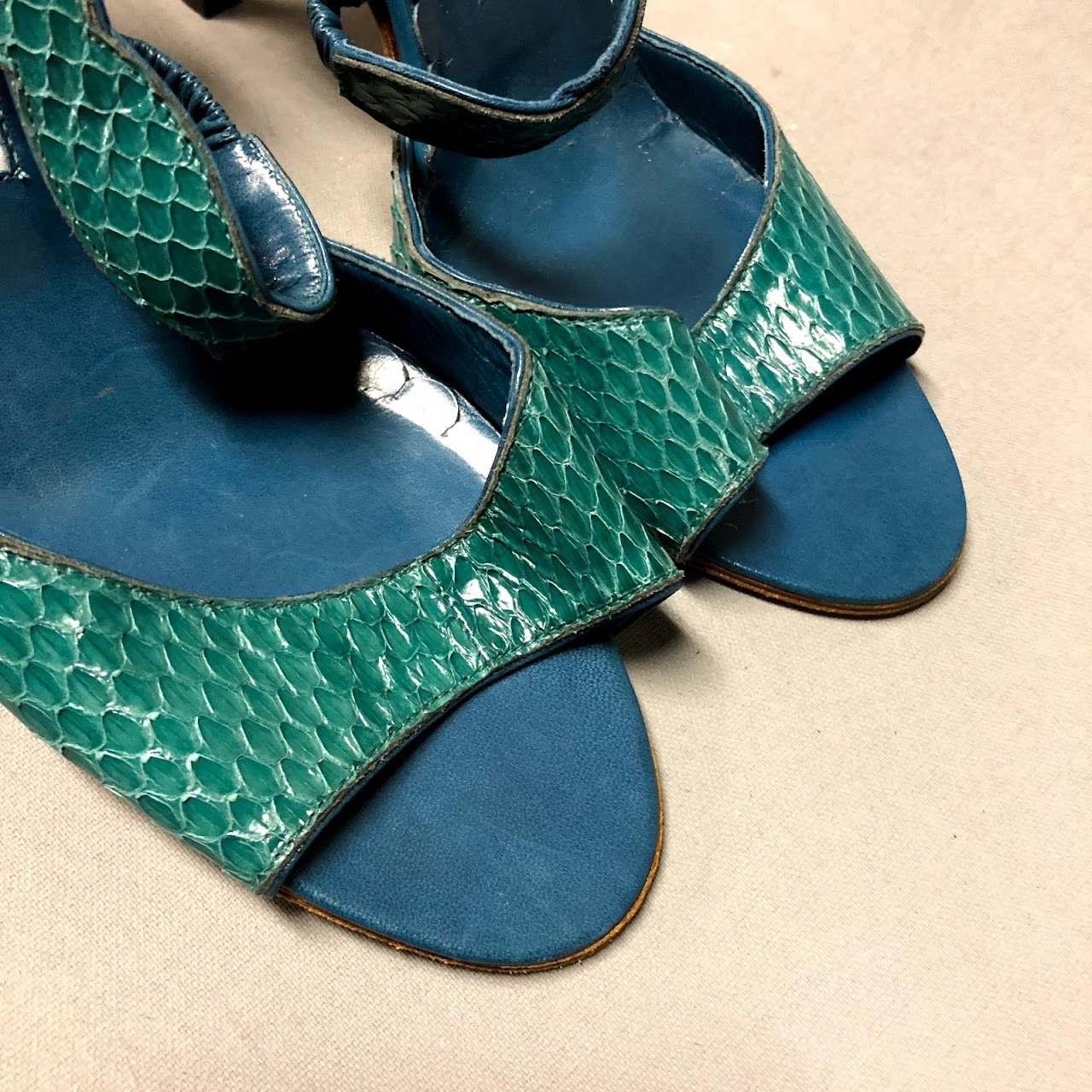 Manolo Blahnik Teal Snakeskin Sandals