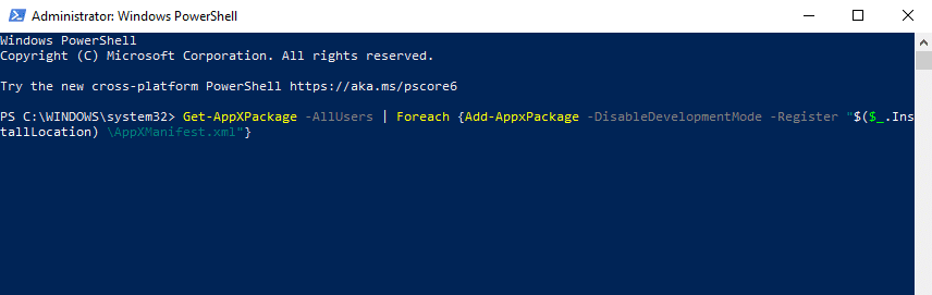 键入命令以使用 Powershell 命令修复 Windows 按钮不起作用