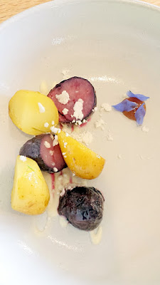 Willow PDX Fifth Course starts one of the two dessert plates, this was a unique take using beeswax potatoes (swedish peanut potato and purple peruvian potato) roasted on coffee, cream, spruce, powdered sugar and honey on April 30, 2016