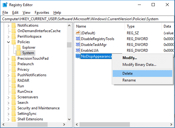 色と外観を変更できるようにするには、NoDispAppearancePageDWORDを削除します